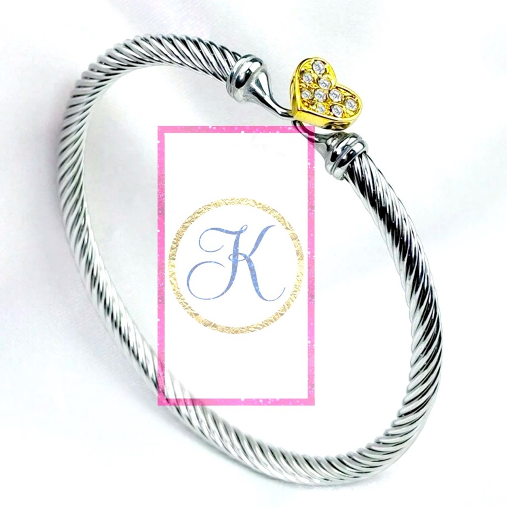 Gold Heart Swavroski Classic Cable Bangle Bracelet, Twisted Cable Bangle